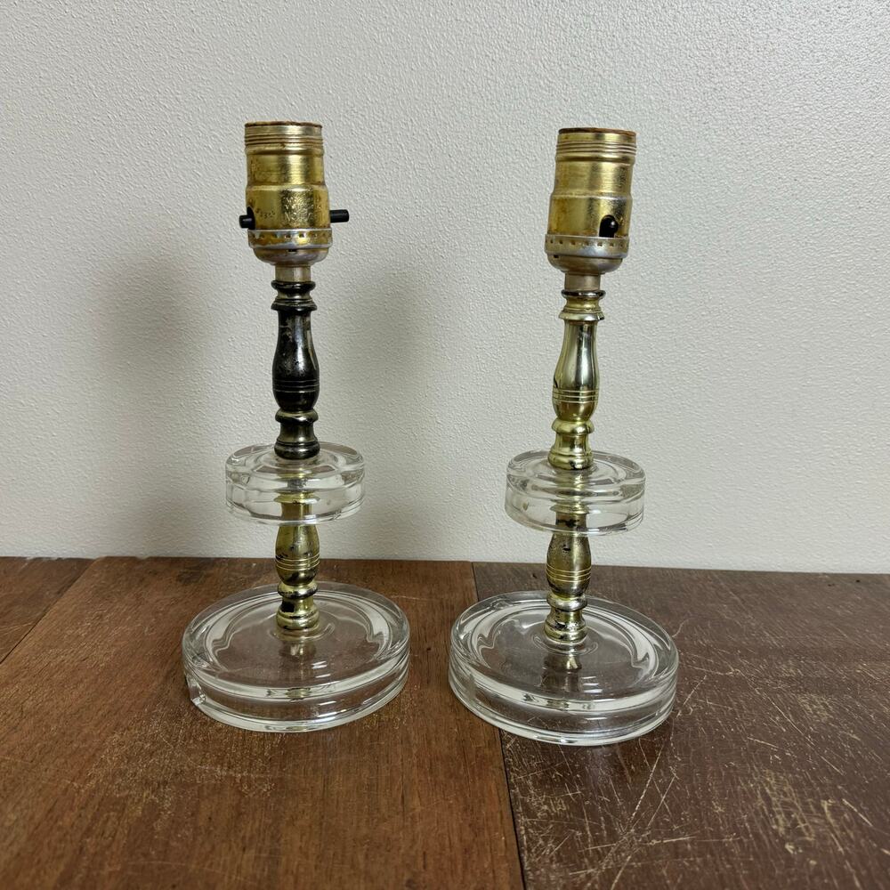 Pair‎ (2) Vintage Blown Glass Brass Table Lamps Minimal Classic Home Decor